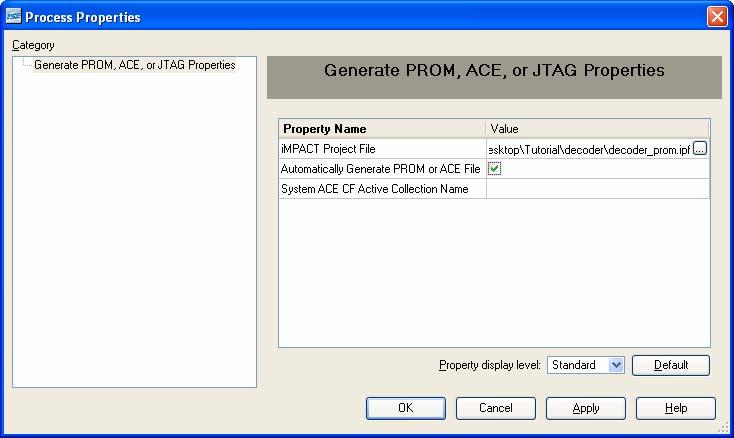 In the Project Navigator, right-click on Generate PROM, ACE, or JTAG File in the Processes pane and select Properties.