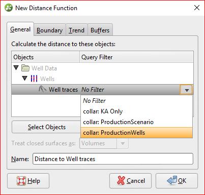 Filtered wells and points for distance functions When distance functions are created from wells, points, geophysical points, GIS points and imported GIS lines, it is now possible to filter the object