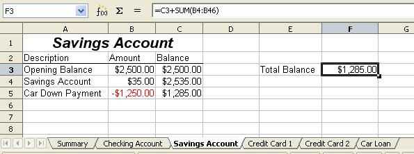 2) Switch to the other spreadsheet (the process to do this will vary depending on which operating system you are using). 3) Select the sheet (Savings Account) and then the reference cell (F3).