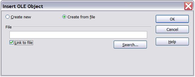 To insert an existing object: 1) To create from a file, select Create from file. The dialog changes to look like Figure 27.