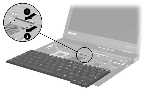Removal and Replacement Procedures 8. Release the ZIF connector 1 to which the keyboard cable is attached and disconnect the keyboard cable 2 (Figure 5-19).