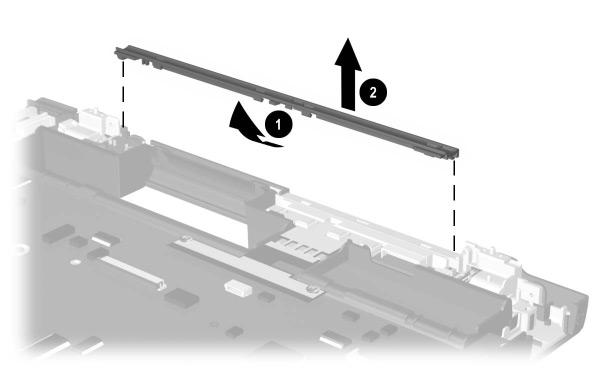 Removal and Replacement Procedures 2. Lift the inside edge of the center display support and swing it toward the back of the notebook 1 (Figure 5-29). 3. Remove the center display support 2.