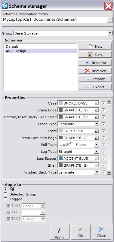 Beside Schemes Option Dialog Boxes Haworth Scheme Manager for Base Storage Scheme Manager dialog box with many options for base units.