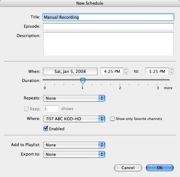 Schedules Schedules How do I manually schedule a recording? the red RECORD button next to a program tells EyeTV to schedule the program to be automatically recorded. How do I edit a schedule?