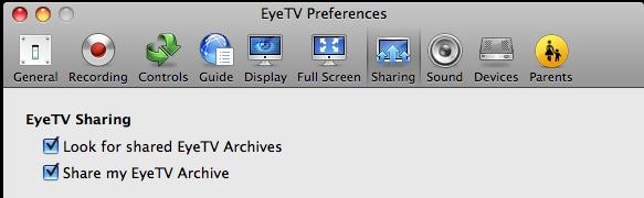 EyeTV Archive Sharing EyeTV Sharing Archives option. That will let you access the archives of other EyeTV users on your local network (who must have enabled EyeTV Sharing as well.