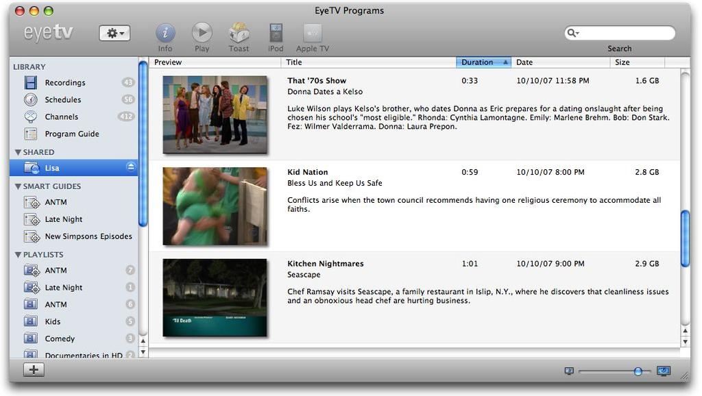 If you have more than one EyeTV Archive in your local network, each EyeTV installation can have read-only access to the other libraries.