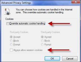 Accessing RxSentry 4 Click to select the Override automatic cookie handling and Always allow session cookies check boxes: 5 Click OK.