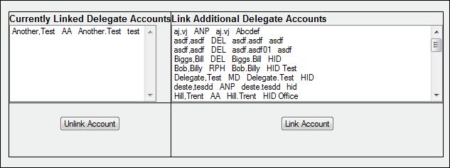 For each delegate account holder, the last/first name, user group, user ID, and agency are displayed.