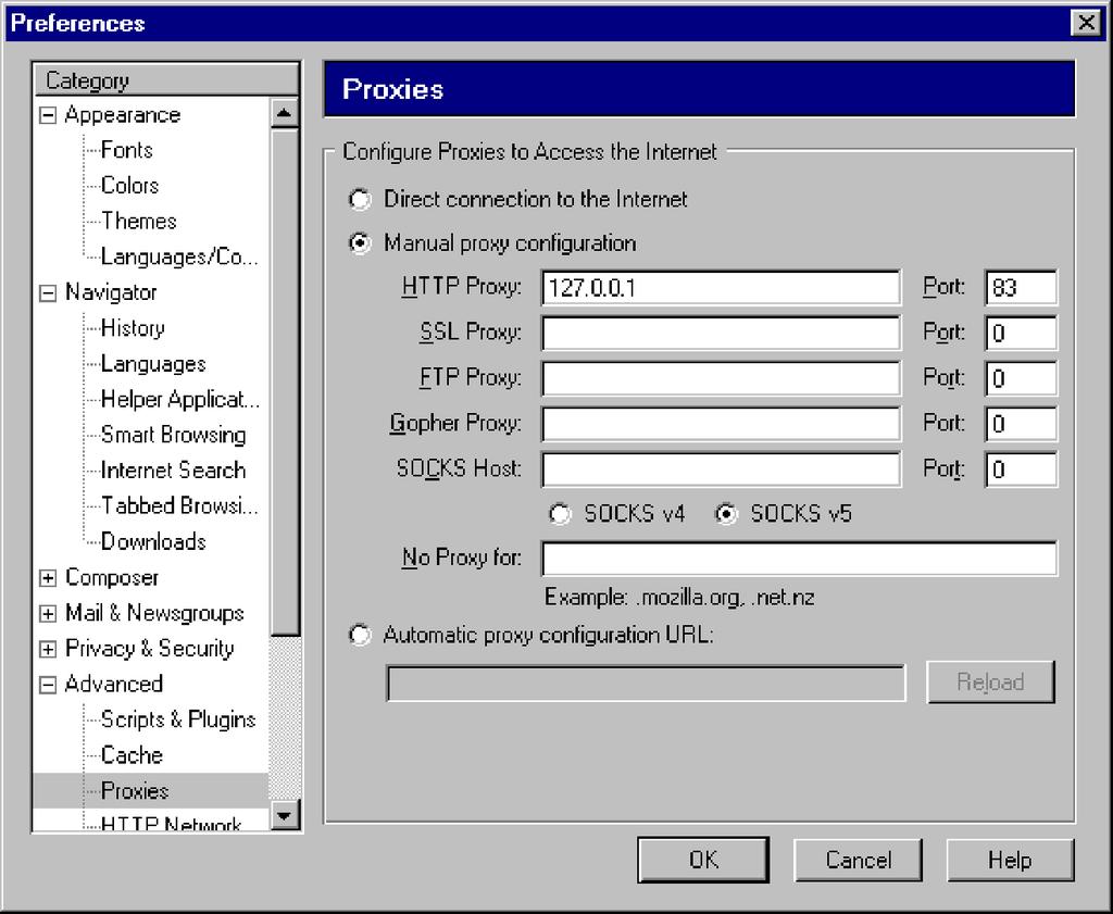 Configuring Mozilla 1. From the host computer, launch Mozilla. 2. Pull down the Edit menu and select Preferences. See Figure 9. 3. In the left-hand pane, expand the Advanced option and select Proxies.