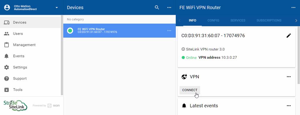 hapter : STRIE SiteLink Platform onnect to Your Router by VPN Once the VPN client is installed and running on your P, you can set up a connection with your router by clicking on the ONNET button in