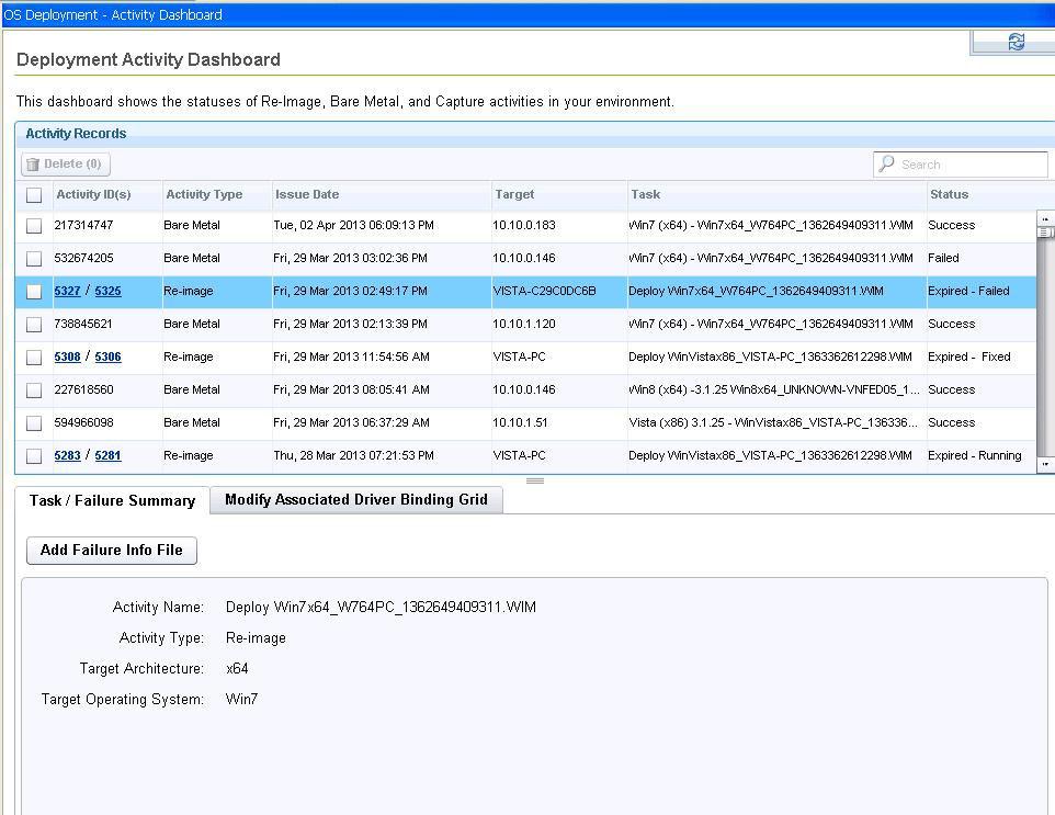 Delete a record by selecting the Activity ID and clicking Delete. Click a record to see more detailed information in the Task / Failure Summary.