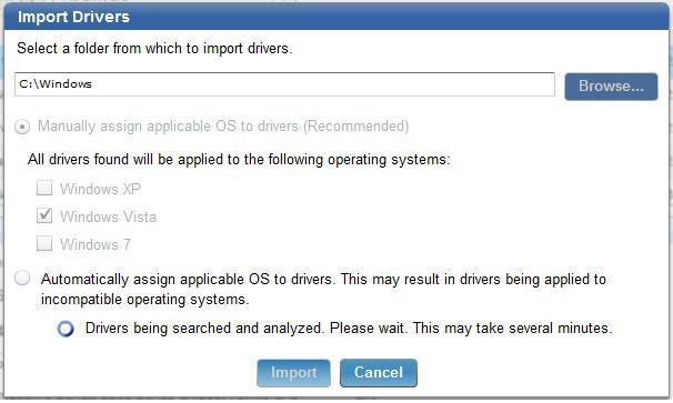 After you select the manual or automatic way to assign the drivers to the operating systems, click Import to search and analyze the drivers.