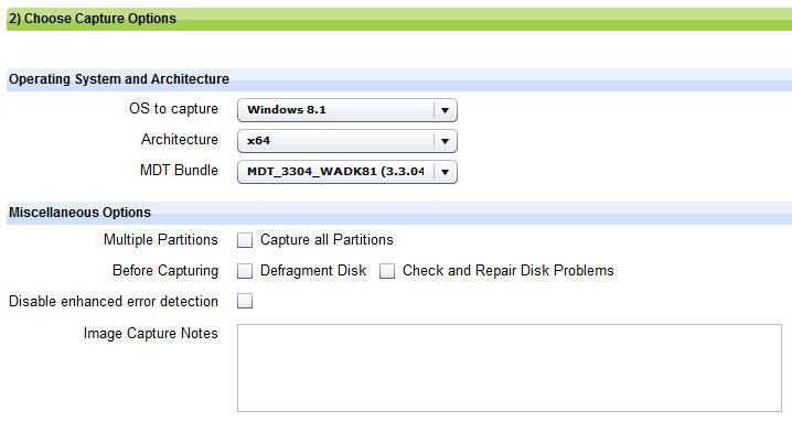 Choosing Capture Options You can specify different options when you are capturing computer images From this section of the Capture Images wizard, you can select an operating system and architecture