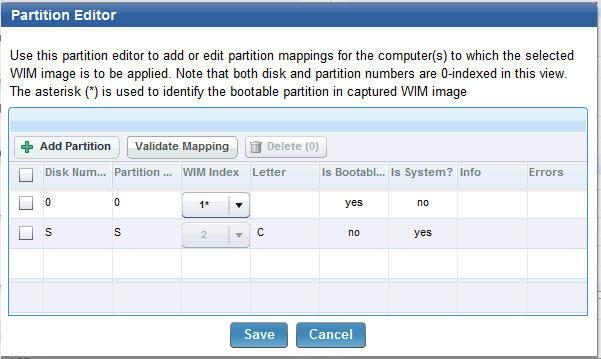 The WIM Index column identifies the partitions of the captured image, that you map to the partitions of the target machine, which are identified by Disk number and Partition Number in the