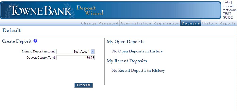 DEPOSITS The Deposits tab is the default page after login. From here, you may choose to create a deposit as well as view open and recently submitted deposits.
