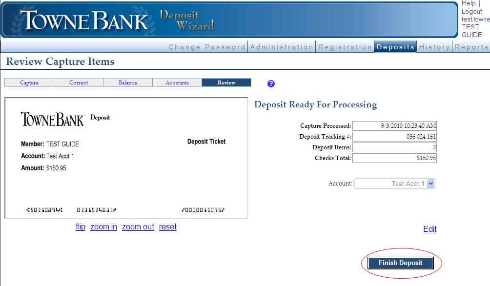 8: Review information and click Finish Deposit to continue to the next page.