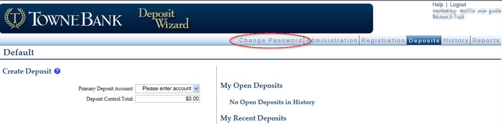 8. Select Change Password from the Default screen. 9.