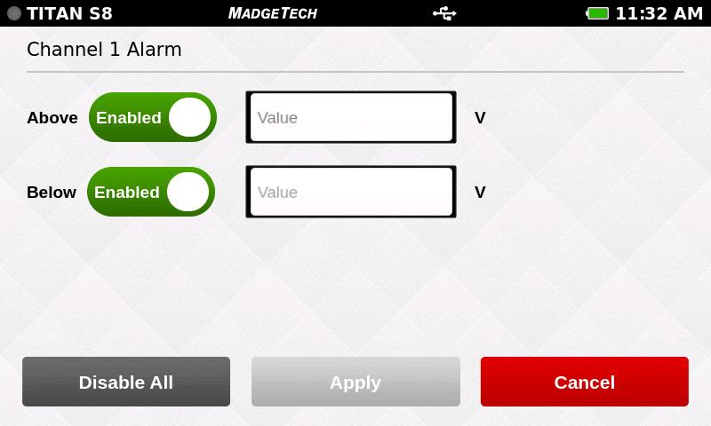 Alarms Users can create one alarm configuration per channel with up to two alarm values per channel (above and below threshold) Above: The above value indicates the high reading threshold at which