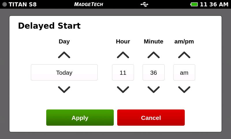 Delayed Start If the user selects Delayed Start, the following configuration screen will appear. Day: Using the up and down arrows, the user is able to adjust the day.