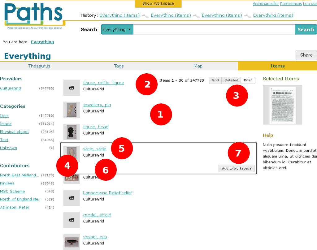 Figure 15 - The new "Items" page design - "Brief" layout mode The user can reach the Items page either by selecting it from the Sections component, or by clicking on the Hierarchy component when