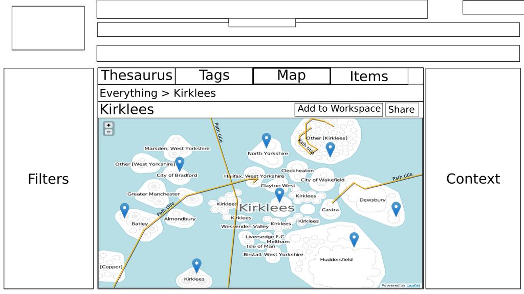 Map exploration page Selecting the Map tab takes the user to the map exploration page. As with the Tag exploration page, this uses the thesaurus hierarchy, but in this case it is visualised as a map.