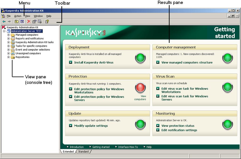 APPLICATION INTERFACE Viewing, creation, modification and configuration of administration groups as well as centralized management of all Kaspersky Lab applications installed on client computers are