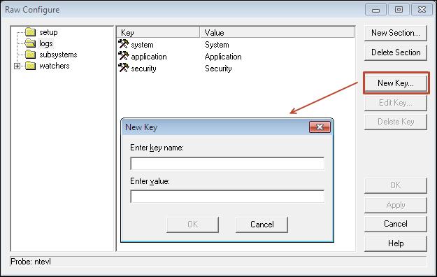 4. In the Raw Configure dialog, select logs in the left pane and click New Key.