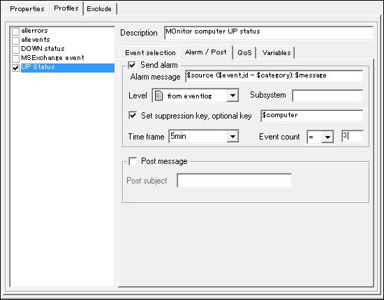 2. Select the Alarm/Post tab. Create an alarm message (e.g. $computer up) and select severity level as Clear.