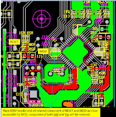 Software Techniques Figure 29. RESET, BKGD and BDM header and the layout in AC16/60/128 board Unused I/O does not need to connect anything (i.e. float) and set it as output logic high or low, and the Direction Data Register (DDR) is needed to refresh periodically to avoid being changed with noise.