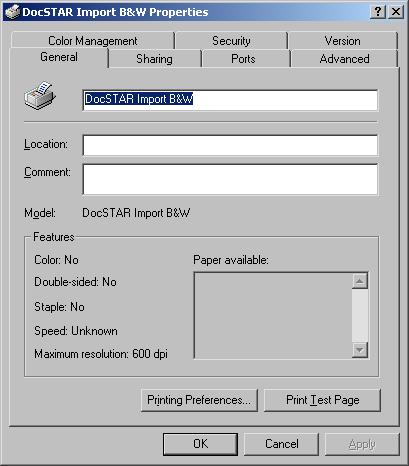 Windows NT/2000/XP Default Settings, B&W DocSTAR Import
