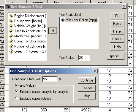Figure 11: Means Procedure and Options Window One Sample T-Test The One Sample T-Test procedure (Figures 12 and 13) tests whether the mean of a single variable differs from a specified constant.