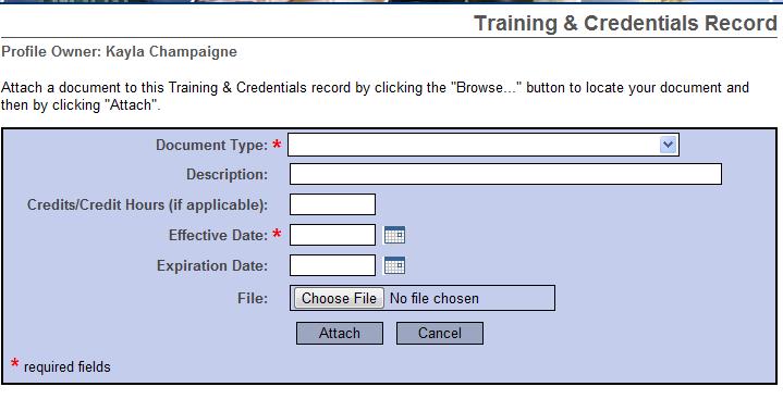 5. Scroll down to the training & credentials section, 6. Click Add a New Training & Credentials Record 7. Document the information about your study (i.e., document type, effective date, expiration date).