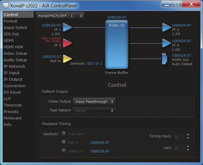 AJA Control Panel User Interface The AJA Control Panel user interface includes a visual block diagram of the unit s current configuration.