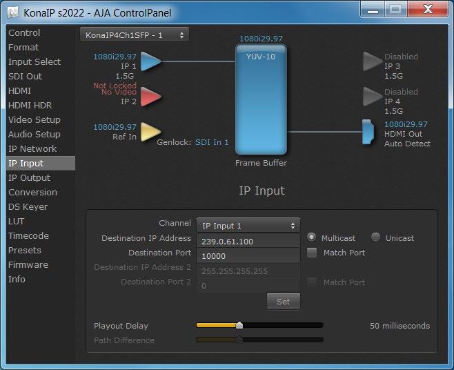 IP Input Screen Figure 26. AJA Control Panel, IP Input Screen The IP Input Screen on KONA IP lets you define parameters for receiving inputs to the KONA IP from another device on the network.