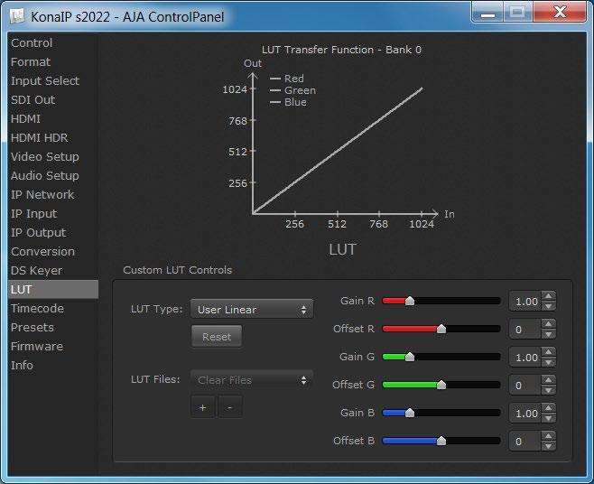 LUT Screen Figure 32. AJA Control Panel, LUT Screen This screen lets you control RGB look up table (LUT) color conversion.