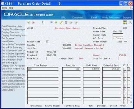 Entering User Defined Data for Purchase Orders Figure 6 2 P.O. Header-User Defined Data screen 4. On Enter Purchase Orders, choose Exit to P.O. Detail Revisions (F12) to access the order detail. 5.