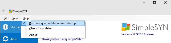 Rerun the configuration wizard After having been run the configuration wizard will not be displayed again at the start of SimpleSYN.