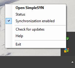 Image 15: SimpleSYN shortcut menu Open SimpleSYN Opens the SimpleSYN main window. Status Opens the SimpleSYN main window with the menu point Status selected.