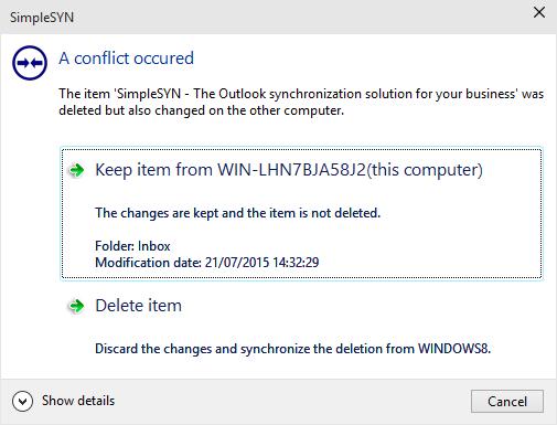 Delete conflict A delete conflict occurs when an Outlook item is being deleted on one computer and modified on another.