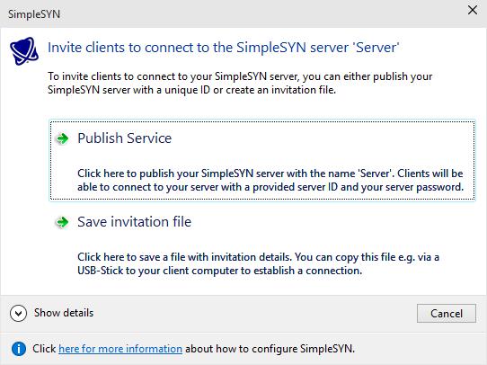 Image 27: Publish SimpeSYN server Publish Server Click on Publish Service to retrieve a unique server ID.