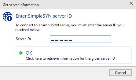 Image 30: Enter server ID If you got an invitation file, click on Open invitation file. The SimpleSYN server will be added to the drop-down list.
