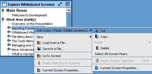 Select Cut / Copy / Paste / Delete Screen and then select Cut. The screen is removed and placed in the Screen Clipboard.
