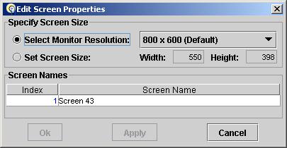 From the Edit Screen Properties dialog box, you are able to change: The preferred Screen Size for a specific monitor resolution or you can specify the width and height in pixels.
