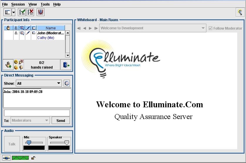 Chapter 2 The Elluminate Live! Room Toolbar Participant Info window Direct Messaging window Whiteboard window Audio window Status Bar The Toolbar The Elluminate Live!