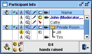 Chapter 4 The Participant Info Window Send Text Messages Use the whiteboard tools Speak using the Audio feature Share your desktop Raise Hand column In this example, John and Cathy are in the main