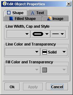 The Edit Object Properties dialog box provides access to all the properties of the selected objects. The dialog box consists of a series of tabs: Shape, Text, Filled Shape, and Image.