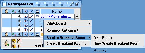 Chapter 12 Breakout Rooms The Participant Info window will be updated displaying the participants in that room. Select name of formal breakout room Closing a Breakout Room 1.