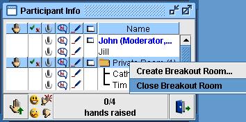 In the Participant Info window, right-click (Click+Control) on the breakout room and select Close Breakout Room from the context menu. All participants will be moved back into the main room.