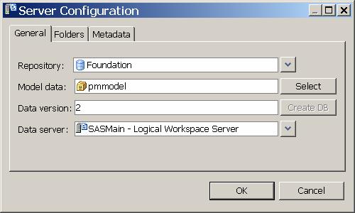 5. On the General tab, select the Foundation repository, select pmmodel for Model data and select the Data server that has a workspace server that you want to use. 6. Click Create DB.