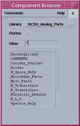 Figure 3. Browsing for components. To get the parts, make sure the library is set to NCSU_Analog_Parts.